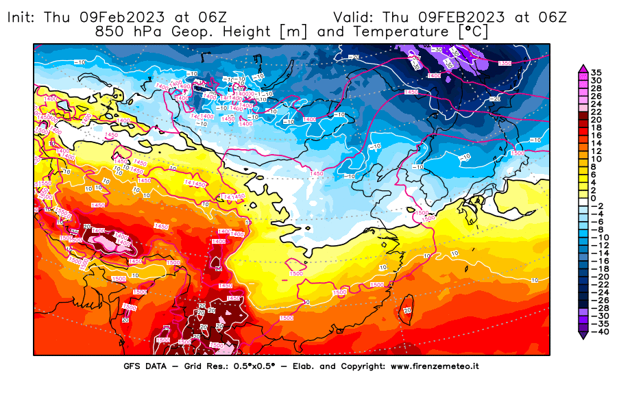 Mappa di analisi GFS - Geopotenziale [m] e Temperatura [°C] a 850 hPa in Asia Orientale
							del 09/02/2023 06 <!--googleoff: index-->UTC<!--googleon: index-->
