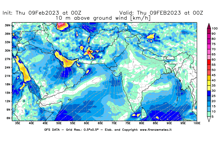 Mappa di analisi GFS - Velocità del vento a 10 metri dal suolo [km/h] in Asia Sud-Occidentale
							del 09/02/2023 00 <!--googleoff: index-->UTC<!--googleon: index-->