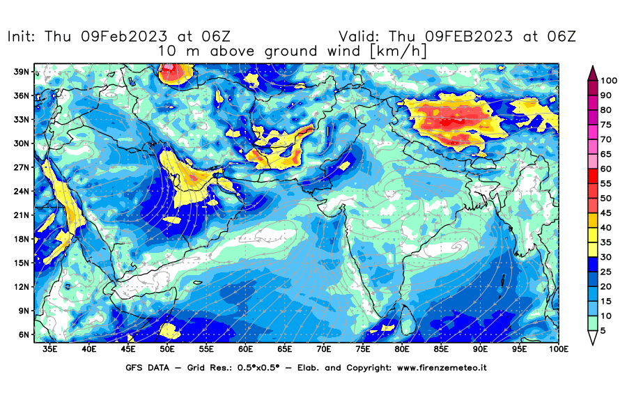 Mappa di analisi GFS - Velocità del vento a 10 metri dal suolo [km/h] in Asia Sud-Occidentale
							del 09/02/2023 06 <!--googleoff: index-->UTC<!--googleon: index-->