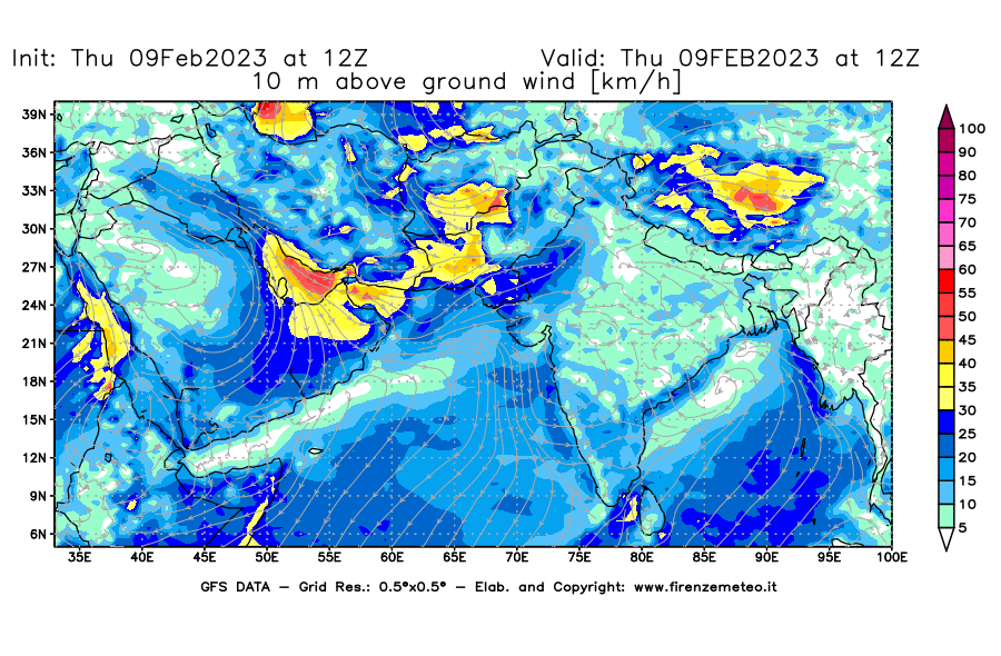 Mappa di analisi GFS - Velocità del vento a 10 metri dal suolo [km/h] in Asia Sud-Occidentale
							del 09/02/2023 12 <!--googleoff: index-->UTC<!--googleon: index-->