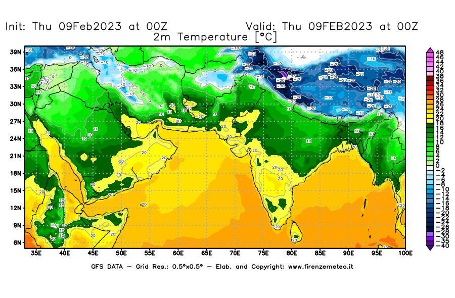 Mappa di analisi GFS - Temperatura a 2 metri dal suolo [°C] in Asia Sud-Occidentale
							del 09/02/2023 00 <!--googleoff: index-->UTC<!--googleon: index-->