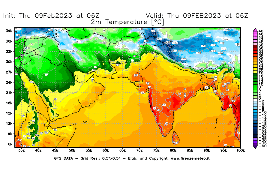Mappa di analisi GFS - Temperatura a 2 metri dal suolo [°C] in Asia Sud-Occidentale
							del 09/02/2023 06 <!--googleoff: index-->UTC<!--googleon: index-->