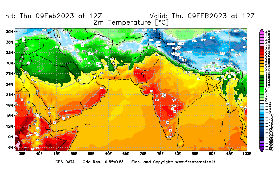Mappa di analisi GFS - Temperatura a 2 metri dal suolo [°C] in Asia Sud-Occidentale
							del 09/02/2023 12 <!--googleoff: index-->UTC<!--googleon: index-->