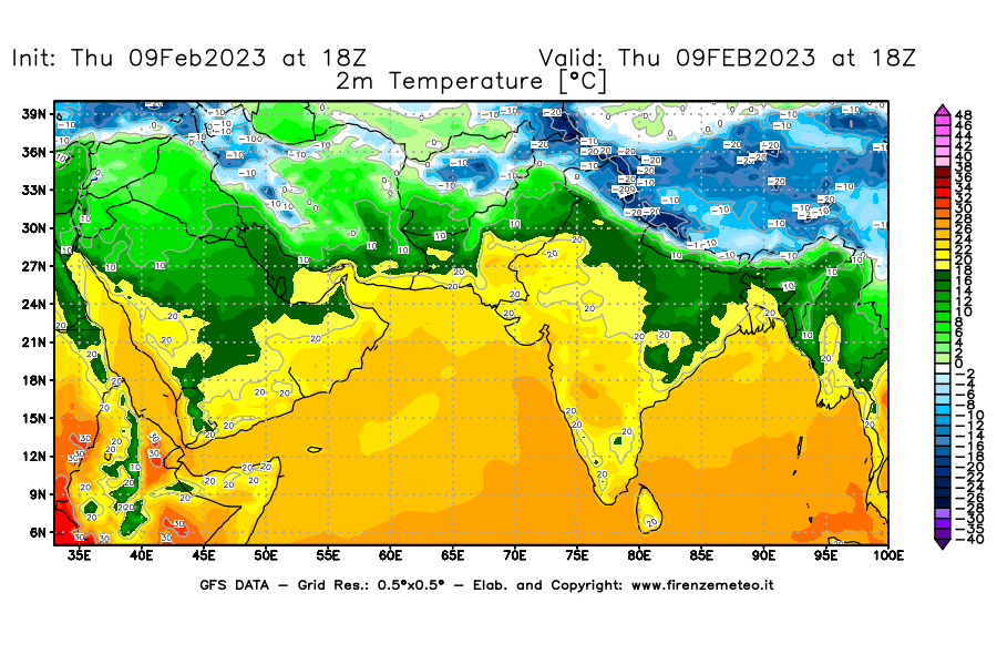 Mappa di analisi GFS - Temperatura a 2 metri dal suolo [°C] in Asia Sud-Occidentale
							del 09/02/2023 18 <!--googleoff: index-->UTC<!--googleon: index-->
