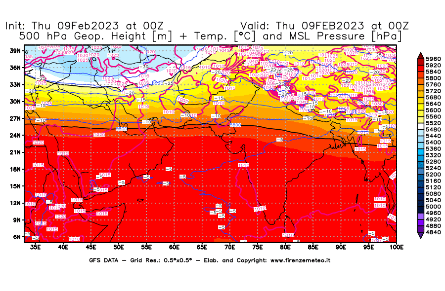 Mappa di analisi GFS - Geopotenziale [m] + Temp. [°C] a 500 hPa + Press. a livello del mare [hPa] in Asia Sud-Occidentale
							del 09/02/2023 00 <!--googleoff: index-->UTC<!--googleon: index-->
