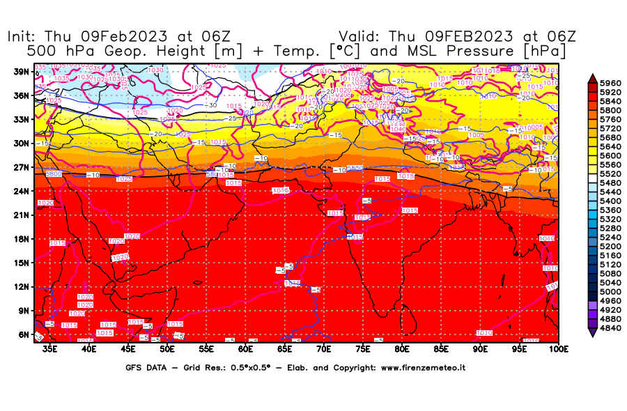 Mappa di analisi GFS - Geopotenziale [m] + Temp. [°C] a 500 hPa + Press. a livello del mare [hPa] in Asia Sud-Occidentale
							del 09/02/2023 06 <!--googleoff: index-->UTC<!--googleon: index-->