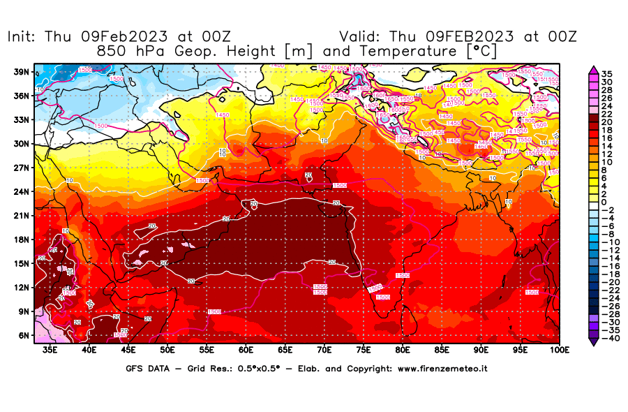 Mappa di analisi GFS - Geopotenziale [m] e Temperatura [°C] a 850 hPa in Asia Sud-Occidentale
							del 09/02/2023 00 <!--googleoff: index-->UTC<!--googleon: index-->