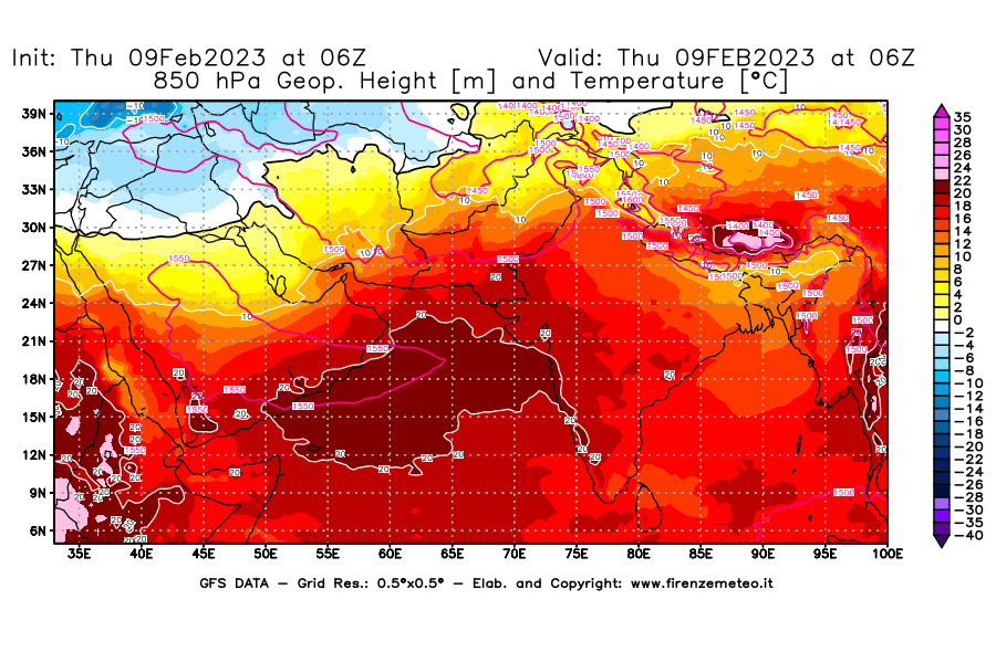 Mappa di analisi GFS - Geopotenziale [m] e Temperatura [°C] a 850 hPa in Asia Sud-Occidentale
							del 09/02/2023 06 <!--googleoff: index-->UTC<!--googleon: index-->