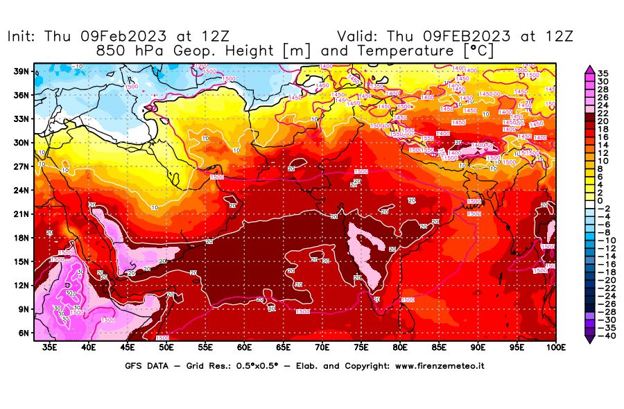Mappa di analisi GFS - Geopotenziale [m] e Temperatura [°C] a 850 hPa in Asia Sud-Occidentale
							del 09/02/2023 12 <!--googleoff: index-->UTC<!--googleon: index-->