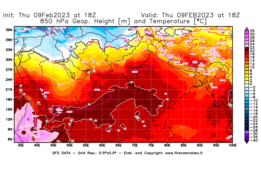 Mappa di analisi GFS - Geopotenziale [m] e Temperatura [°C] a 850 hPa in Asia Sud-Occidentale
							del 09/02/2023 18 <!--googleoff: index-->UTC<!--googleon: index-->