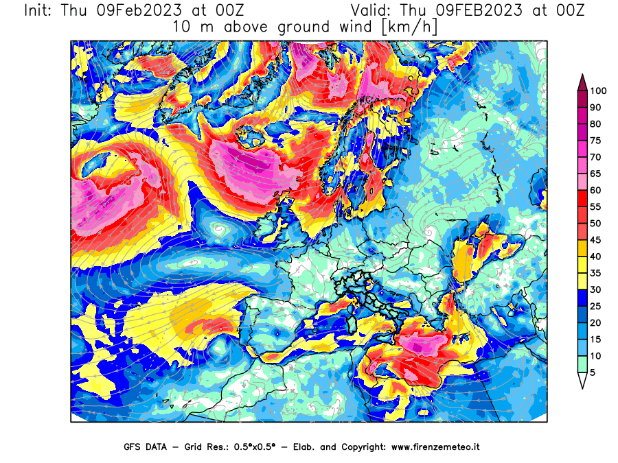 Mappa di analisi GFS - Velocità del vento a 10 metri dal suolo [km/h] in Europa
							del 09/02/2023 00 <!--googleoff: index-->UTC<!--googleon: index-->