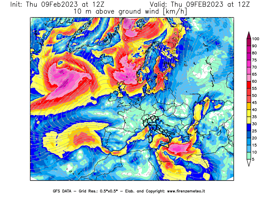 Mappa di analisi GFS - Velocità del vento a 10 metri dal suolo [km/h] in Europa
							del 09/02/2023 12 <!--googleoff: index-->UTC<!--googleon: index-->