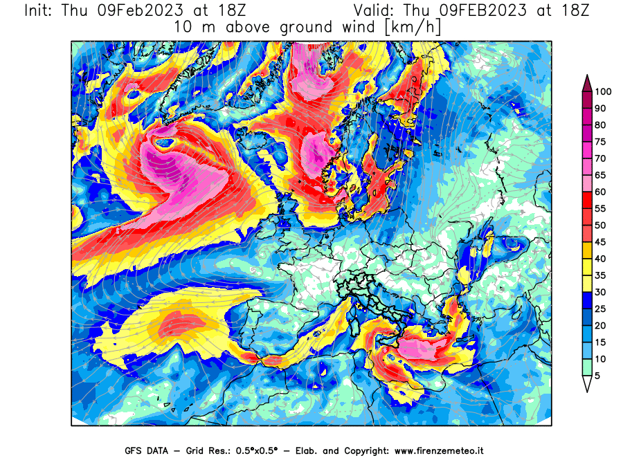 Mappa di analisi GFS - Velocità del vento a 10 metri dal suolo [km/h] in Europa
							del 09/02/2023 18 <!--googleoff: index-->UTC<!--googleon: index-->