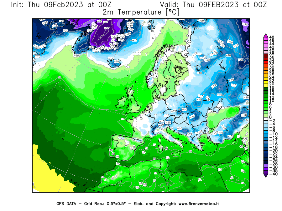 Mappa di analisi GFS - Temperatura a 2 metri dal suolo [°C] in Europa
							del 09/02/2023 00 <!--googleoff: index-->UTC<!--googleon: index-->