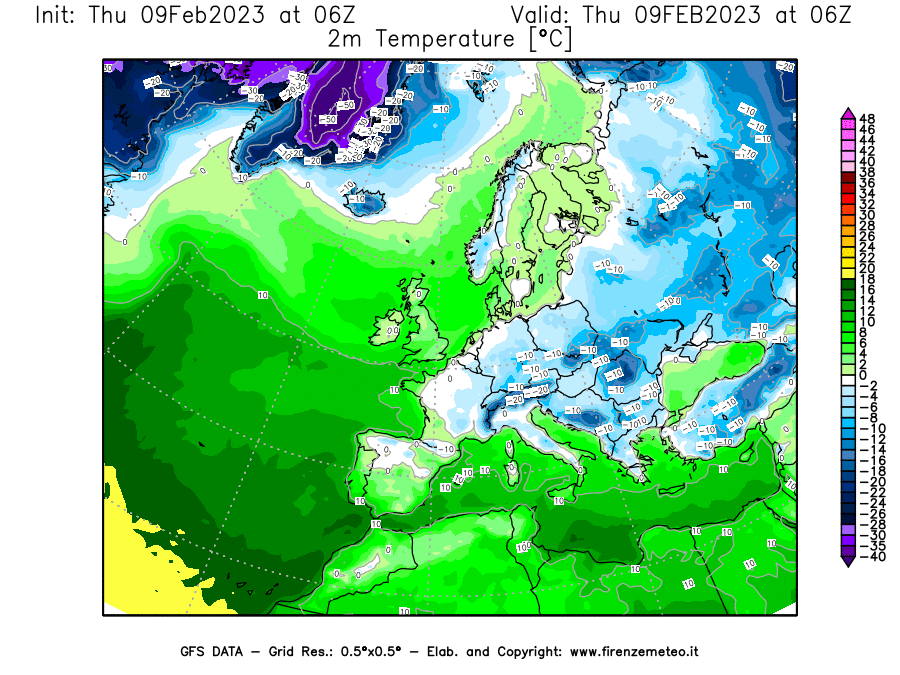 Mappa di analisi GFS - Temperatura a 2 metri dal suolo [°C] in Europa
							del 09/02/2023 06 <!--googleoff: index-->UTC<!--googleon: index-->