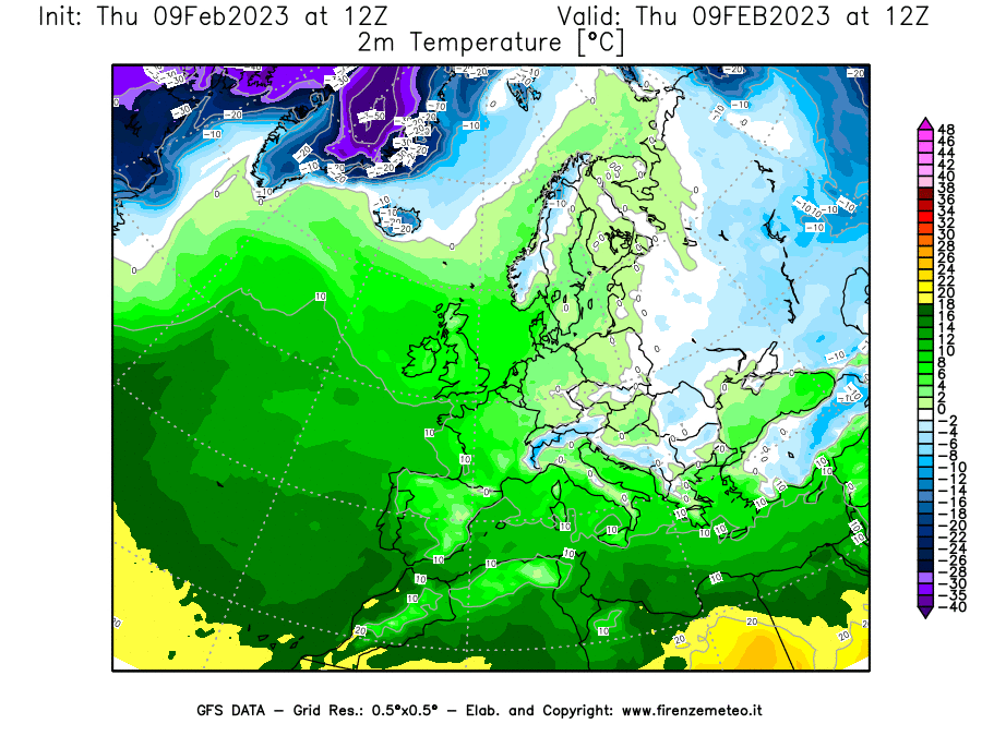 Mappa di analisi GFS - Temperatura a 2 metri dal suolo [°C] in Europa
							del 09/02/2023 12 <!--googleoff: index-->UTC<!--googleon: index-->