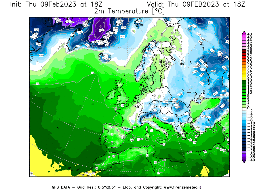 Mappa di analisi GFS - Temperatura a 2 metri dal suolo [°C] in Europa
							del 09/02/2023 18 <!--googleoff: index-->UTC<!--googleon: index-->