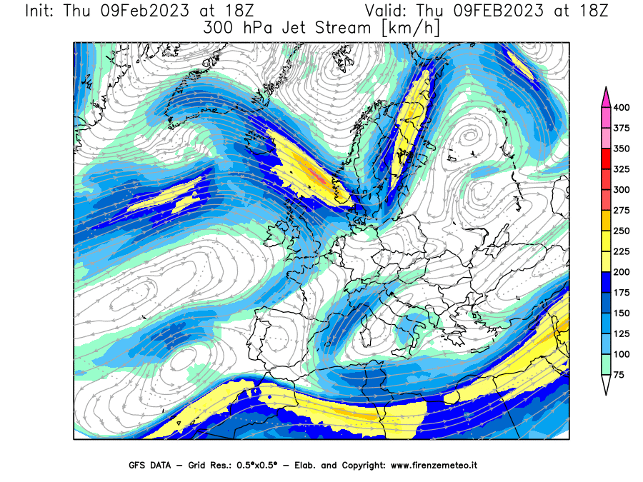 Mappa di analisi GFS - Jet Stream a 300 hPa in Europa
							del 09/02/2023 18 <!--googleoff: index-->UTC<!--googleon: index-->