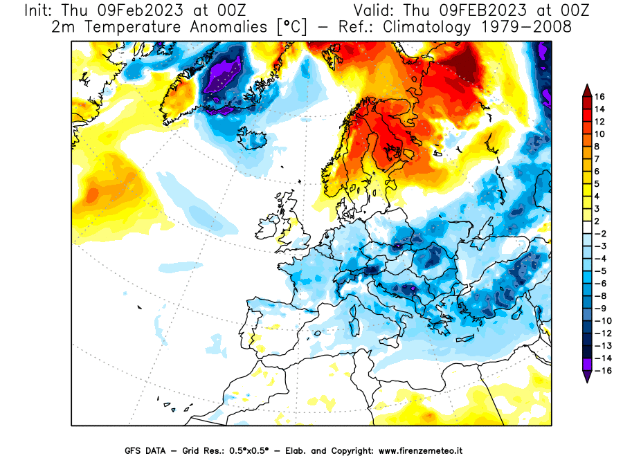 Mappa di analisi GFS - Anomalia Temperatura [°C] a 2 m in Europa
							del 09/02/2023 00 <!--googleoff: index-->UTC<!--googleon: index-->
