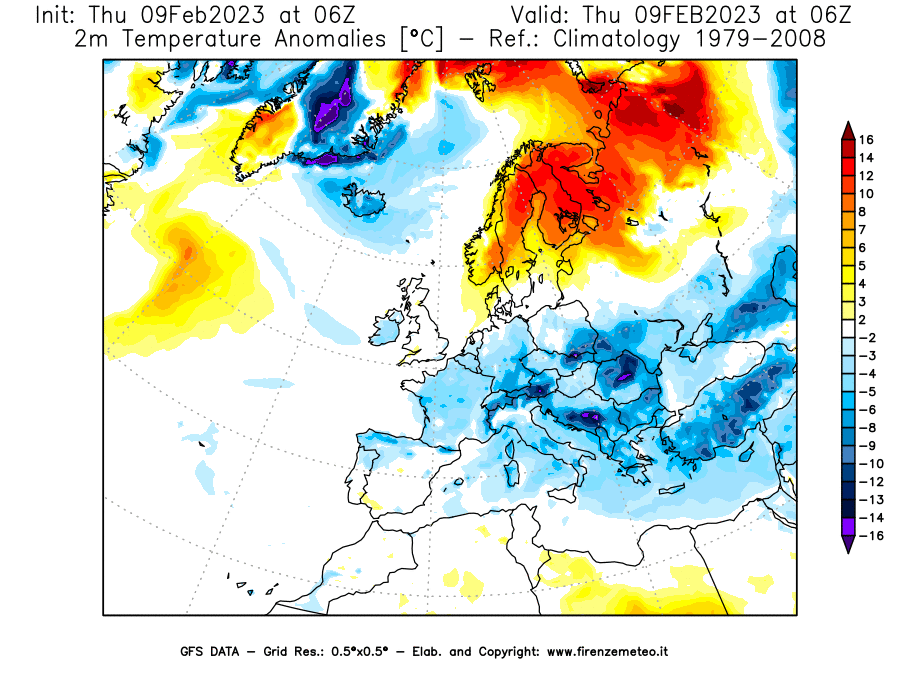Mappa di analisi GFS - Anomalia Temperatura [°C] a 2 m in Europa
							del 09/02/2023 06 <!--googleoff: index-->UTC<!--googleon: index-->