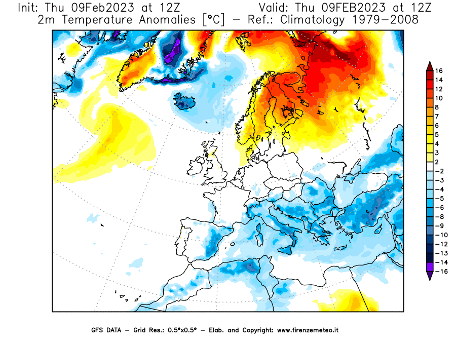 Mappa di analisi GFS - Anomalia Temperatura [°C] a 2 m in Europa
							del 09/02/2023 12 <!--googleoff: index-->UTC<!--googleon: index-->