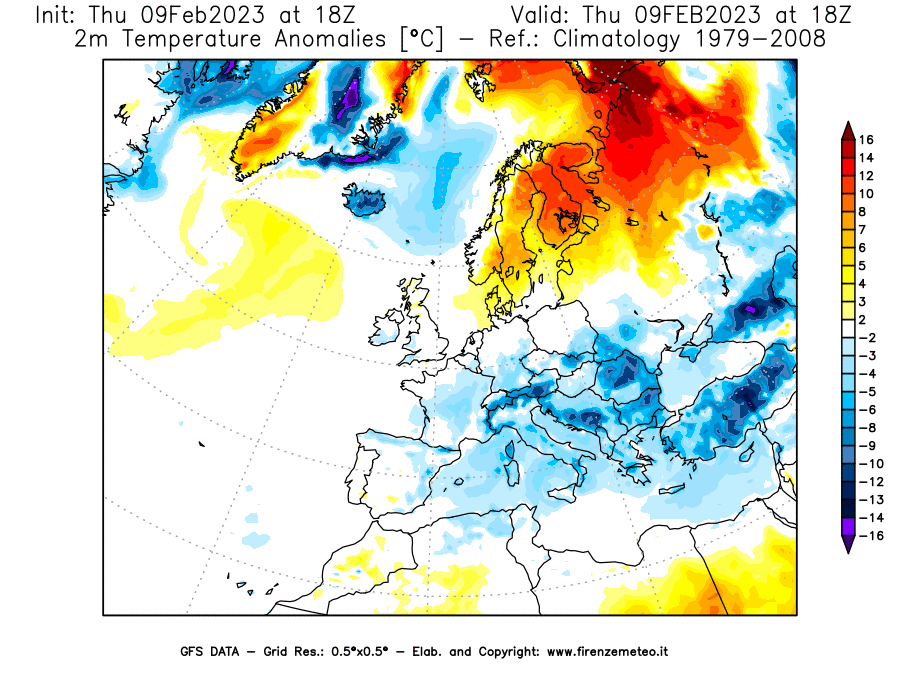 Mappa di analisi GFS - Anomalia Temperatura [°C] a 2 m in Europa
							del 09/02/2023 18 <!--googleoff: index-->UTC<!--googleon: index-->