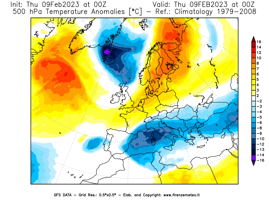 Mappa di analisi GFS - Anomalia Temperatura [°C] a 500 hPa in Europa
							del 09/02/2023 00 <!--googleoff: index-->UTC<!--googleon: index-->