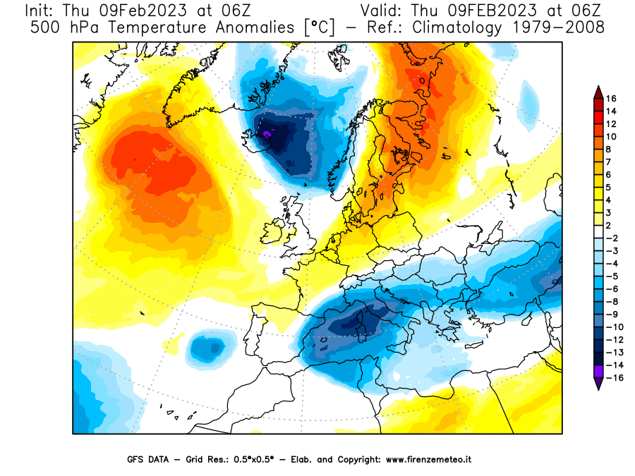 Mappa di analisi GFS - Anomalia Temperatura [°C] a 500 hPa in Europa
							del 09/02/2023 06 <!--googleoff: index-->UTC<!--googleon: index-->