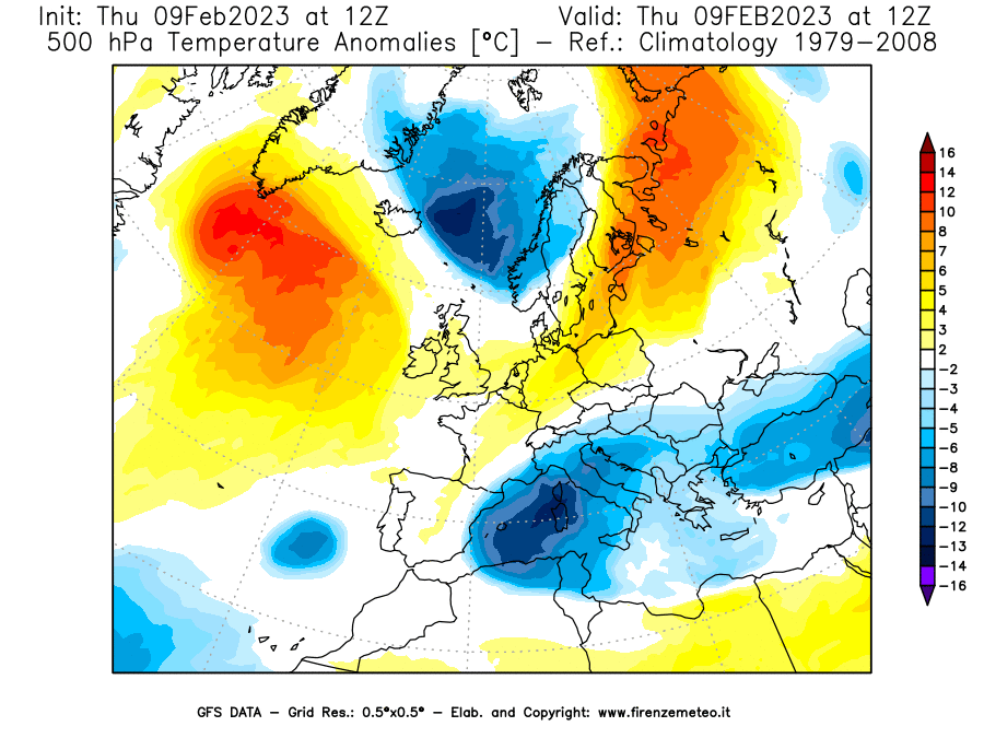 Mappa di analisi GFS - Anomalia Temperatura [°C] a 500 hPa in Europa
							del 09/02/2023 12 <!--googleoff: index-->UTC<!--googleon: index-->