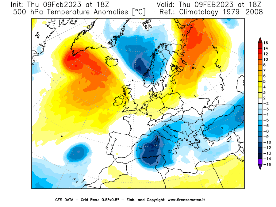 Mappa di analisi GFS - Anomalia Temperatura [°C] a 500 hPa in Europa
							del 09/02/2023 18 <!--googleoff: index-->UTC<!--googleon: index-->