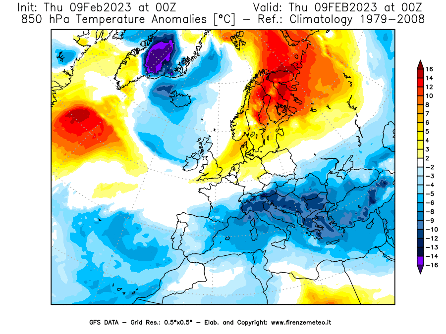Mappa di analisi GFS - Anomalia Temperatura [°C] a 850 hPa in Europa
							del 09/02/2023 00 <!--googleoff: index-->UTC<!--googleon: index-->
