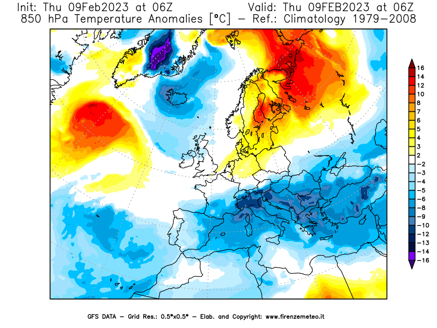 Mappa di analisi GFS - Anomalia Temperatura [°C] a 850 hPa in Europa
							del 09/02/2023 06 <!--googleoff: index-->UTC<!--googleon: index-->