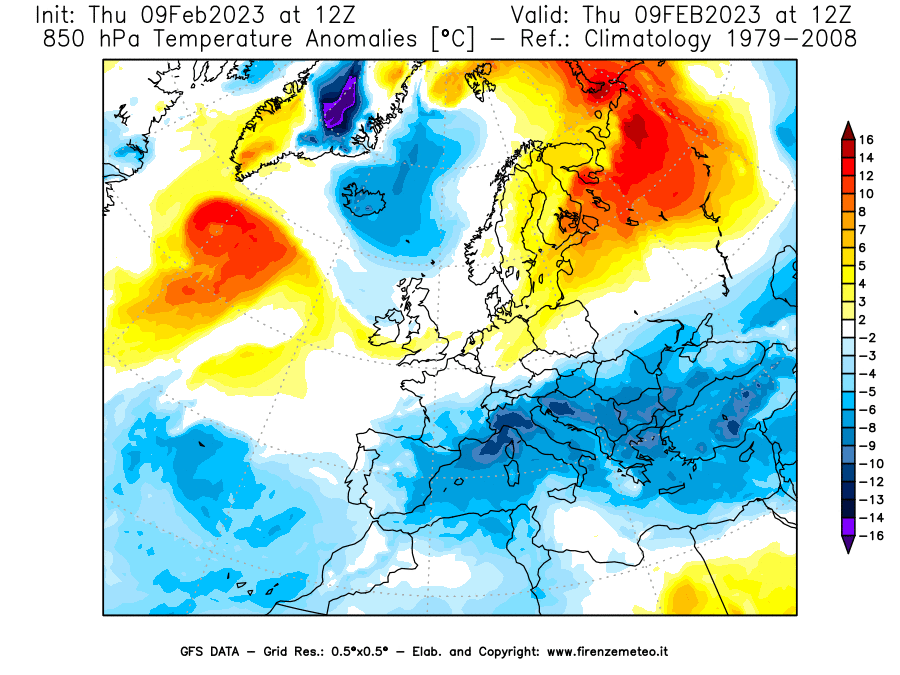 Mappa di analisi GFS - Anomalia Temperatura [°C] a 850 hPa in Europa
							del 09/02/2023 12 <!--googleoff: index-->UTC<!--googleon: index-->