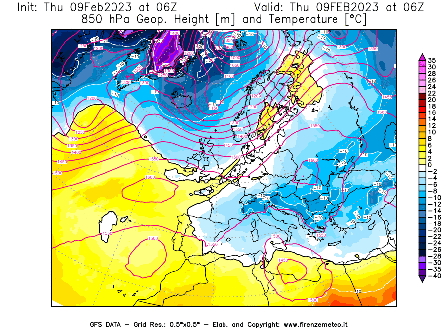 Mappa di analisi GFS - Geopotenziale [m] e Temperatura [°C] a 850 hPa in Europa
							del 09/02/2023 06 <!--googleoff: index-->UTC<!--googleon: index-->