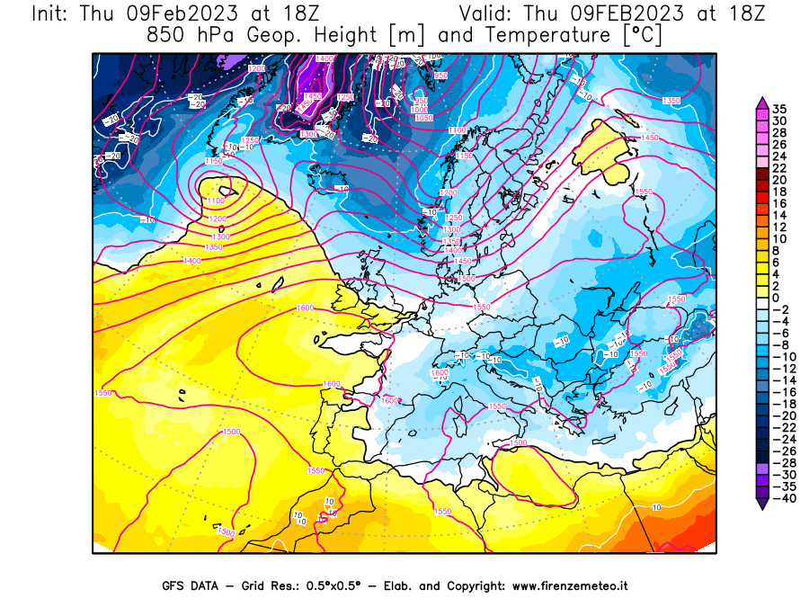 Mappa di analisi GFS - Geopotenziale [m] e Temperatura [°C] a 850 hPa in Europa
							del 09/02/2023 18 <!--googleoff: index-->UTC<!--googleon: index-->