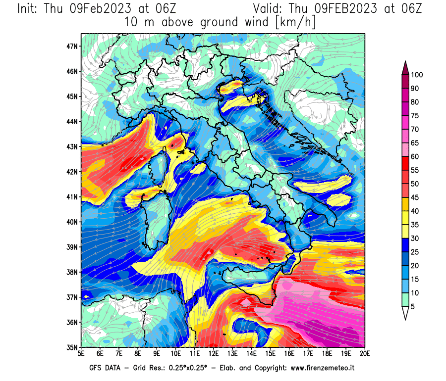 Mappa di analisi GFS - Velocità del vento a 10 metri dal suolo [km/h] in Italia
							del 09/02/2023 06 <!--googleoff: index-->UTC<!--googleon: index-->