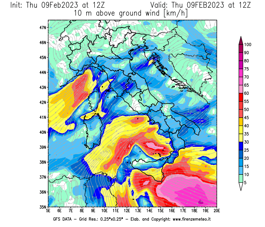 Mappa di analisi GFS - Velocità del vento a 10 metri dal suolo [km/h] in Italia
							del 09/02/2023 12 <!--googleoff: index-->UTC<!--googleon: index-->