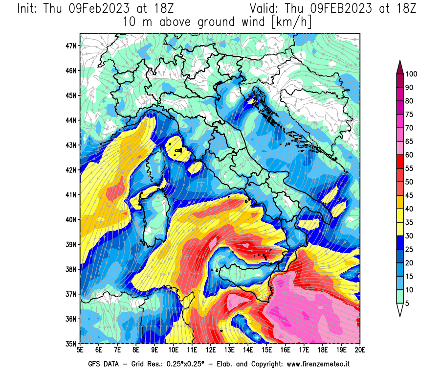 Mappa di analisi GFS - Velocità del vento a 10 metri dal suolo [km/h] in Italia
							del 09/02/2023 18 <!--googleoff: index-->UTC<!--googleon: index-->