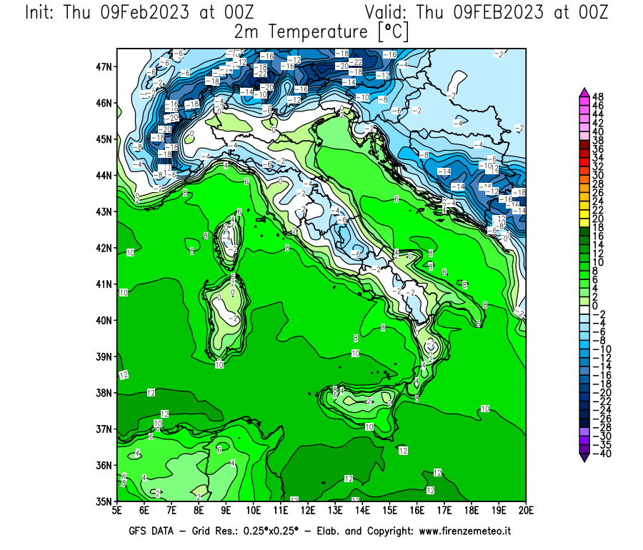 Mappa di analisi GFS - Temperatura a 2 metri dal suolo [°C] in Italia
							del 09/02/2023 00 <!--googleoff: index-->UTC<!--googleon: index-->