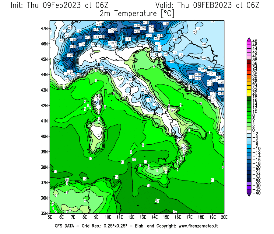 Mappa di analisi GFS - Temperatura a 2 metri dal suolo [°C] in Italia
							del 09/02/2023 06 <!--googleoff: index-->UTC<!--googleon: index-->