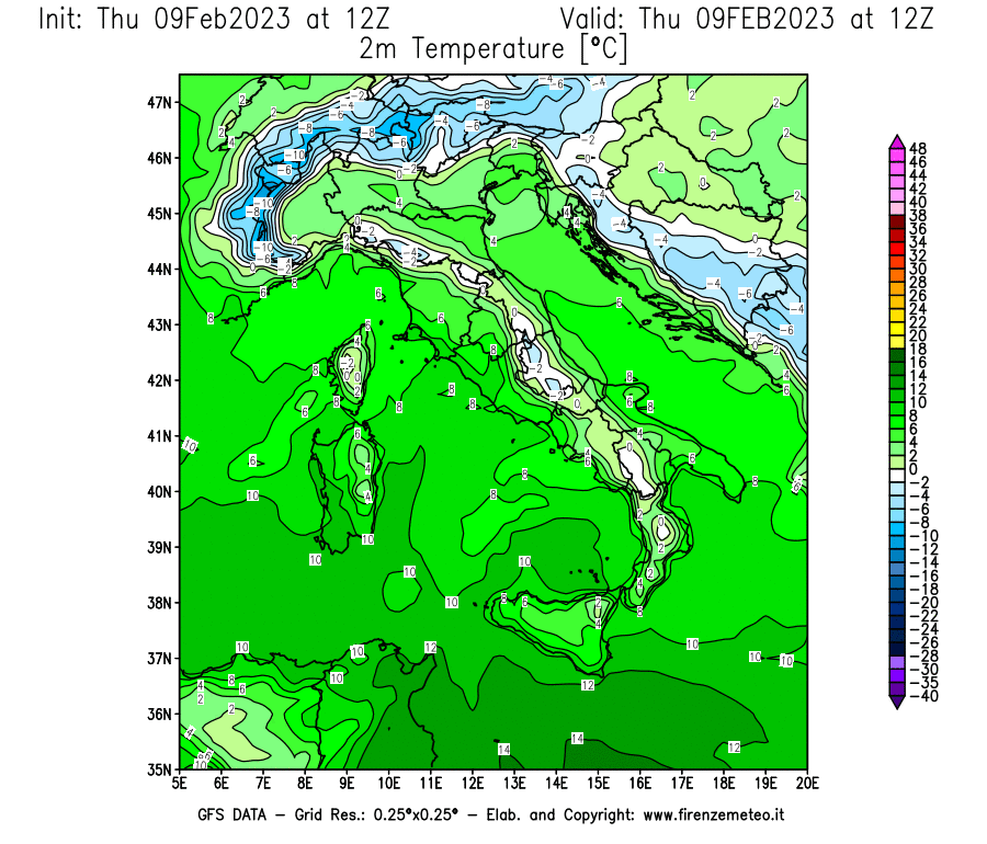 Mappa di analisi GFS - Temperatura a 2 metri dal suolo [°C] in Italia
							del 09/02/2023 12 <!--googleoff: index-->UTC<!--googleon: index-->