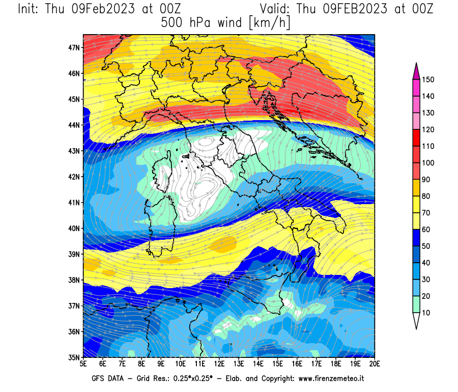 Mappa di analisi GFS - Velocità del vento a 500 hPa [km/h] in Italia
							del 09/02/2023 00 <!--googleoff: index-->UTC<!--googleon: index-->