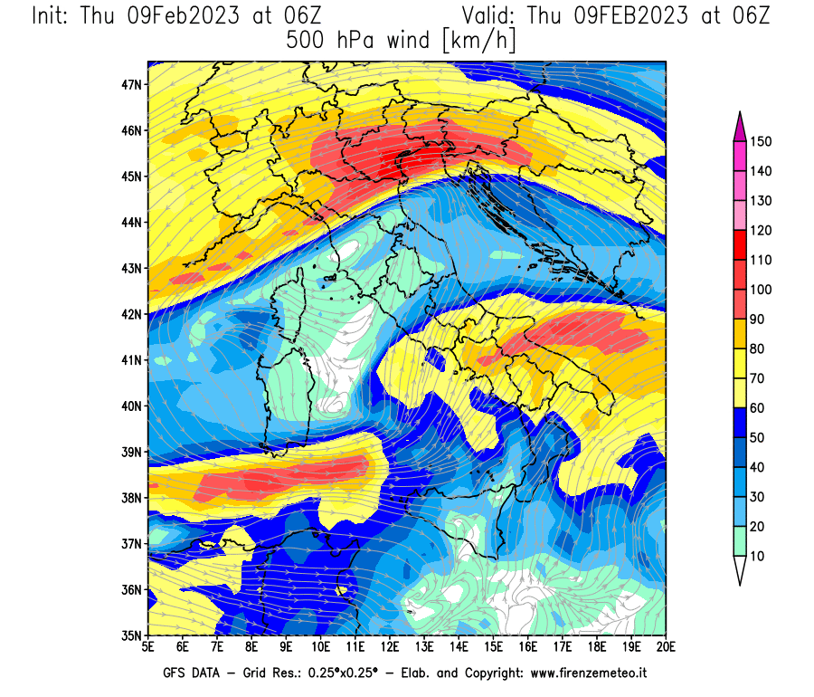 Mappa di analisi GFS - Velocità del vento a 500 hPa [km/h] in Italia
							del 09/02/2023 06 <!--googleoff: index-->UTC<!--googleon: index-->