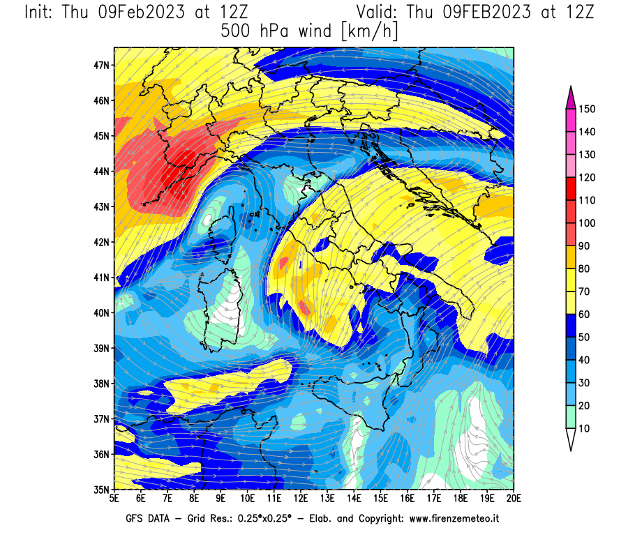 Mappa di analisi GFS - Velocità del vento a 500 hPa [km/h] in Italia
							del 09/02/2023 12 <!--googleoff: index-->UTC<!--googleon: index-->