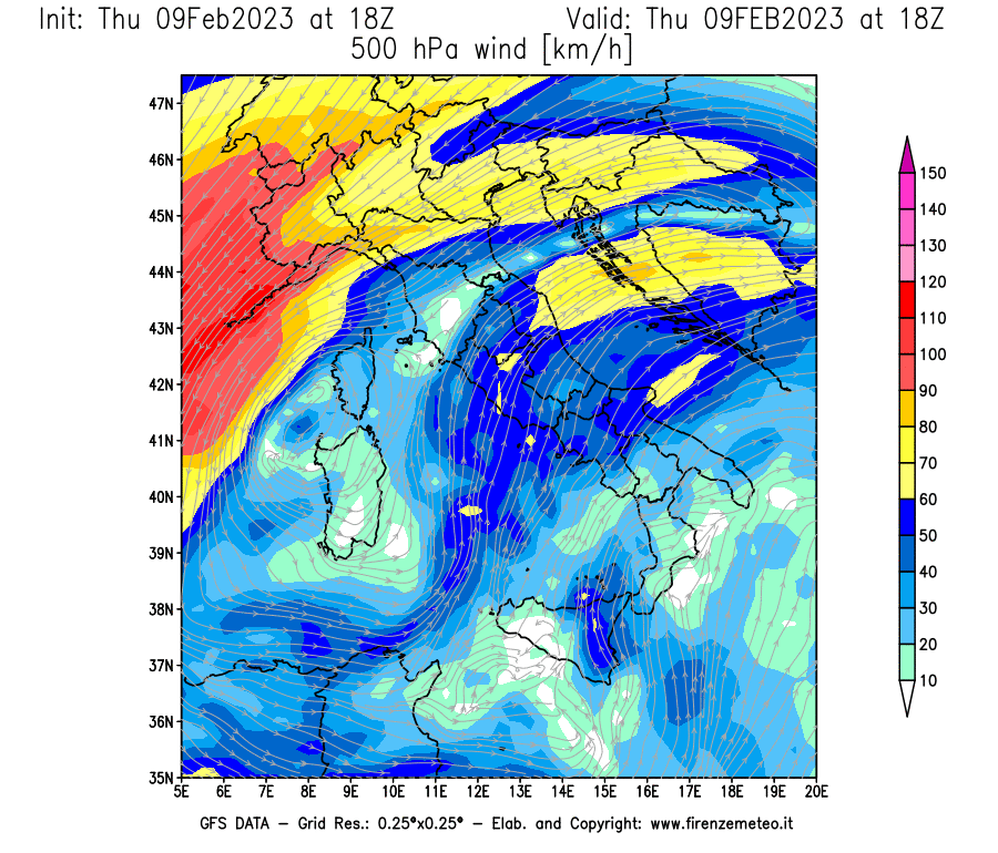 Mappa di analisi GFS - Velocità del vento a 500 hPa [km/h] in Italia
							del 09/02/2023 18 <!--googleoff: index-->UTC<!--googleon: index-->