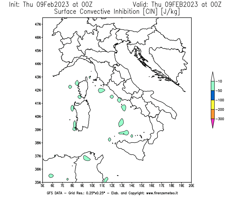 Mappa di analisi GFS - CIN [J/kg] in Italia
							del 09/02/2023 00 <!--googleoff: index-->UTC<!--googleon: index-->
