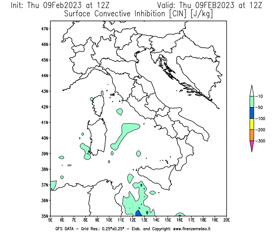 Mappa di analisi GFS - CIN [J/kg] in Italia
							del 09/02/2023 12 <!--googleoff: index-->UTC<!--googleon: index-->