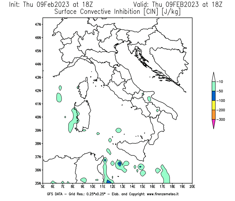 Mappa di analisi GFS - CIN [J/kg] in Italia
							del 09/02/2023 18 <!--googleoff: index-->UTC<!--googleon: index-->
