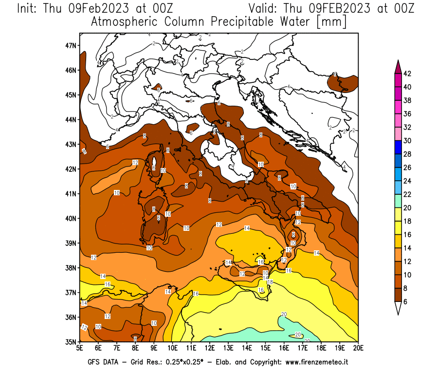 Mappa di analisi GFS - Precipitable Water [mm] in Italia
							del 09/02/2023 00 <!--googleoff: index-->UTC<!--googleon: index-->