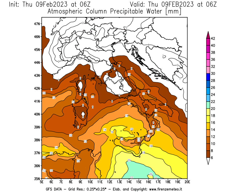 Mappa di analisi GFS - Precipitable Water [mm] in Italia
							del 09/02/2023 06 <!--googleoff: index-->UTC<!--googleon: index-->